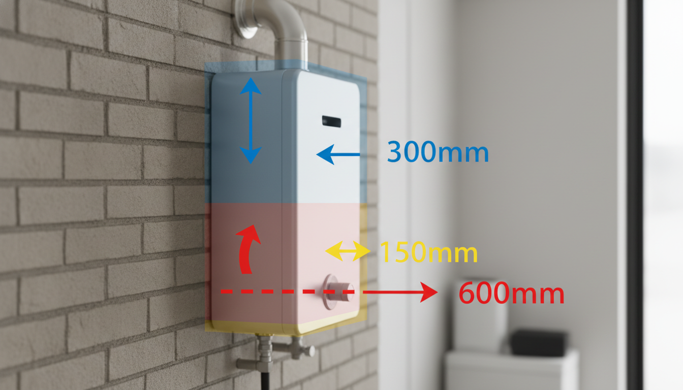 給湯器の排気口、離隔距離の基本は「前方600mm・上方300mm・側方150mm」