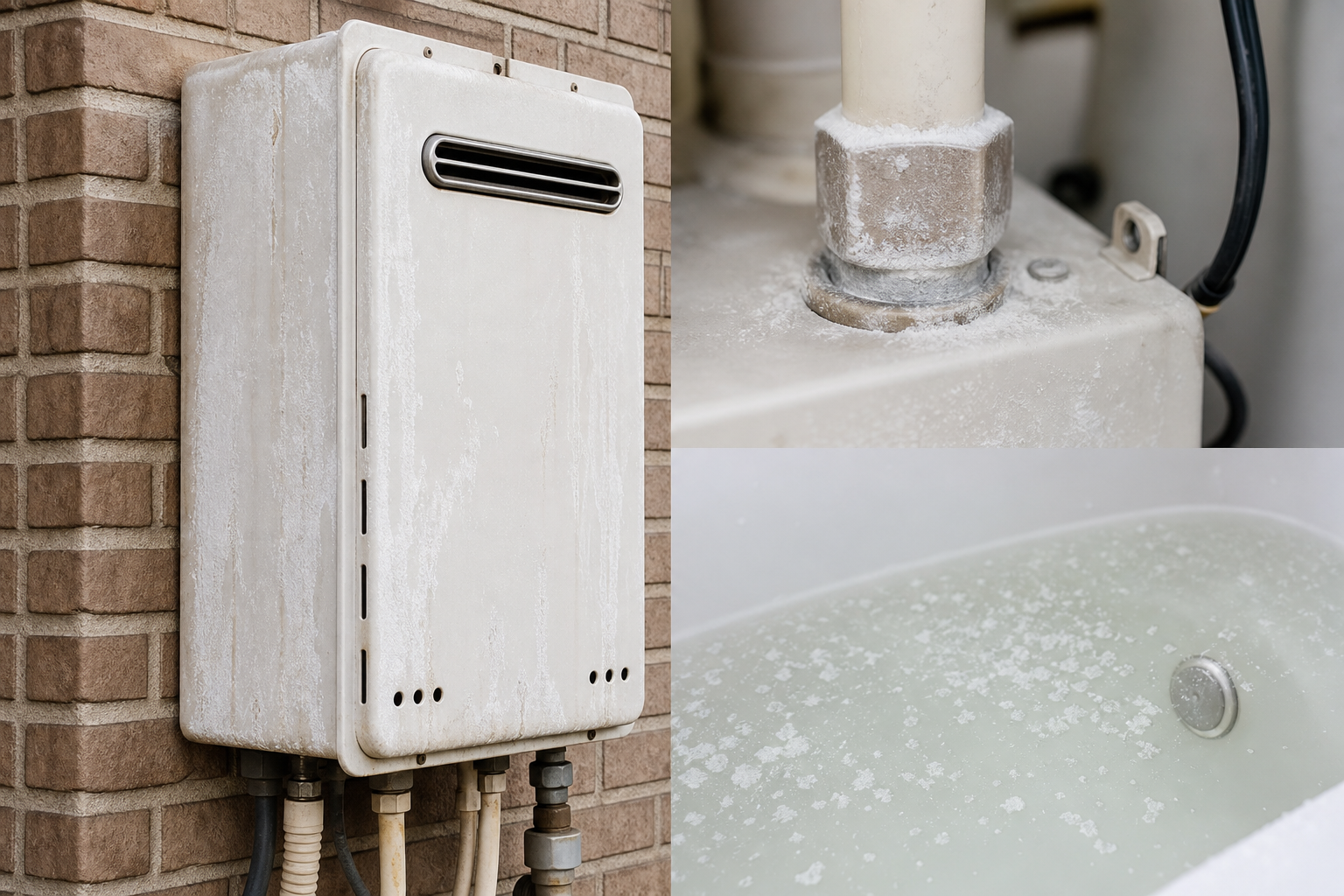給湯器の白い粉の正体は「水垢（スケール）」か「配管の汚れ」であることがほとんどです