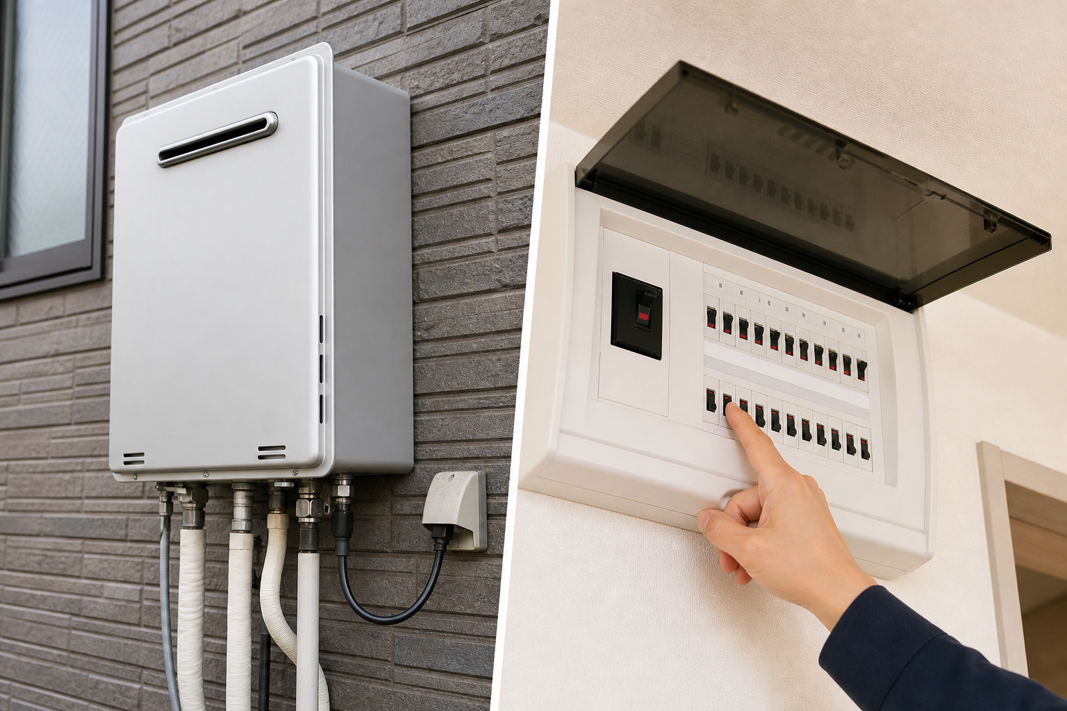 リンナイ給湯器の電源は「本体近くのコンセント」か「分電盤のブレーカー」にあります
